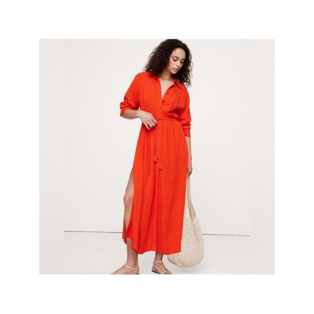 Banana Republic Long Sleeve Red Button-Front Shirt Dress with Tie Waist XS